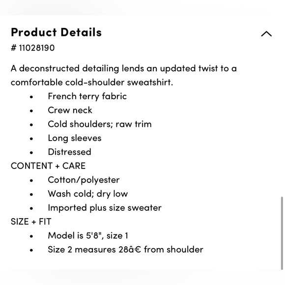 New - Torrid Lt Weight French Terry Cold Shoulder
Destructed Sweatshirt - Picture 7 of 7